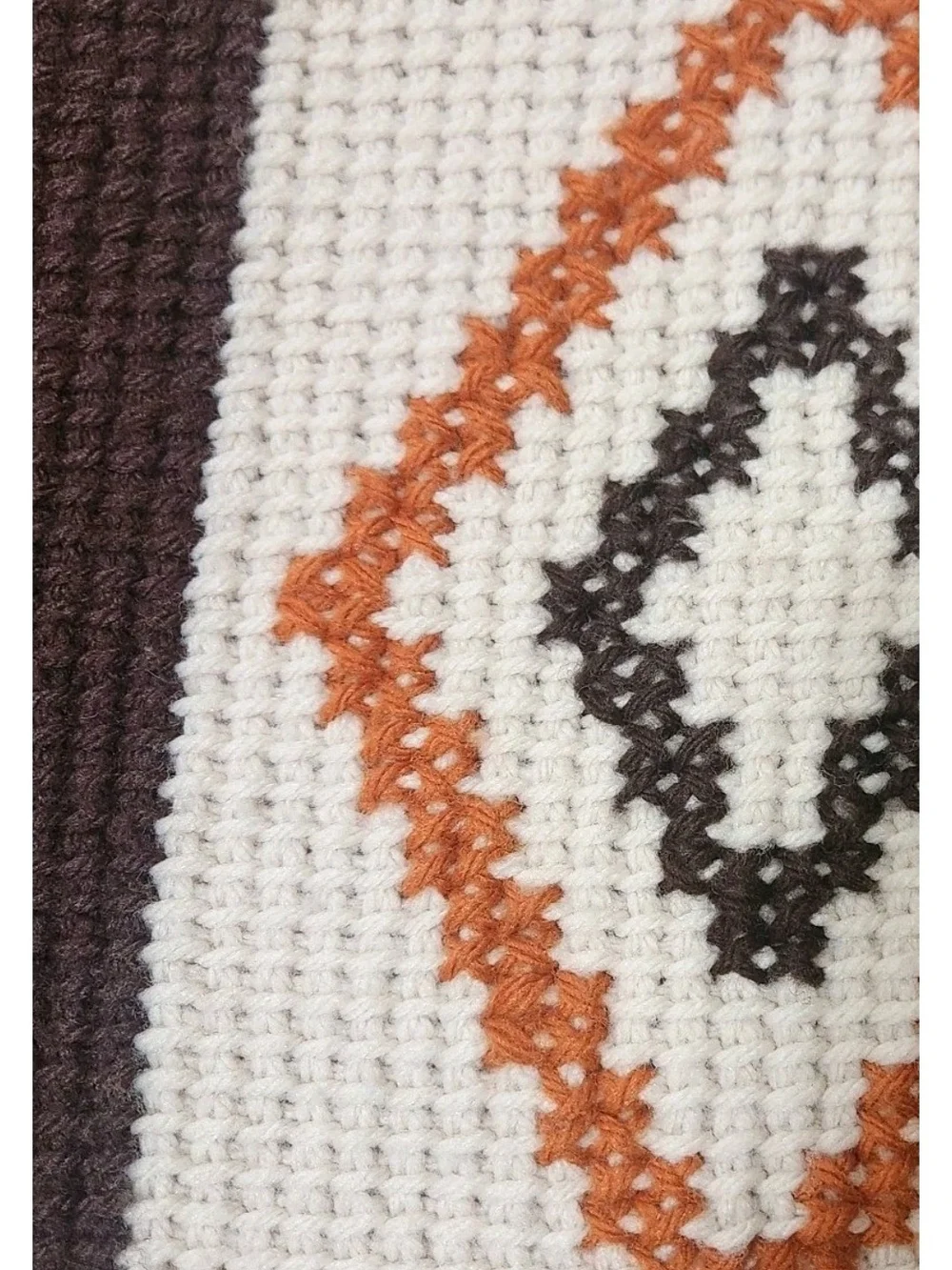 Vtg 70s Southwest Crochet Afghan Blanket Earth Tones Geo Diamond Throw 68x49